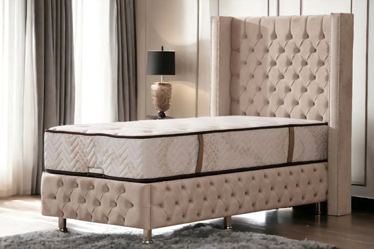 Lit Coffre Enfant CLOUTE Velours Beige